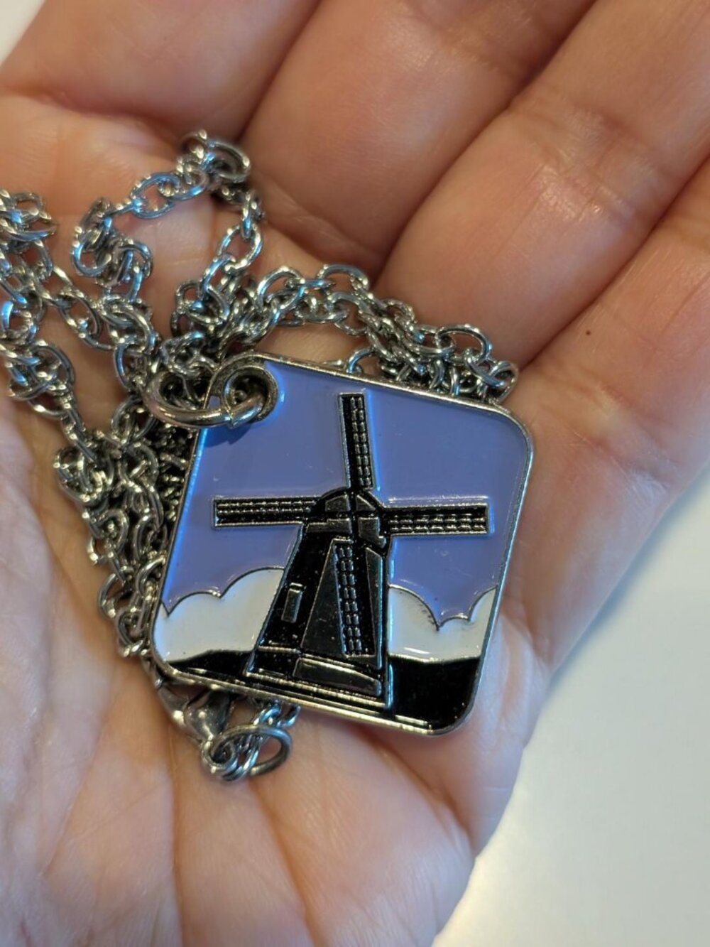 Santa Barbara Purple Color Enameled "Windmill" Pendant Necklace. Marked on back